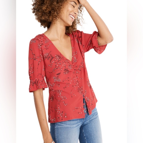Madewell “Daylight” Top in “Windswept Floral” Red short sleeve ruffle blouse ❤️ - Picture 4 of 11